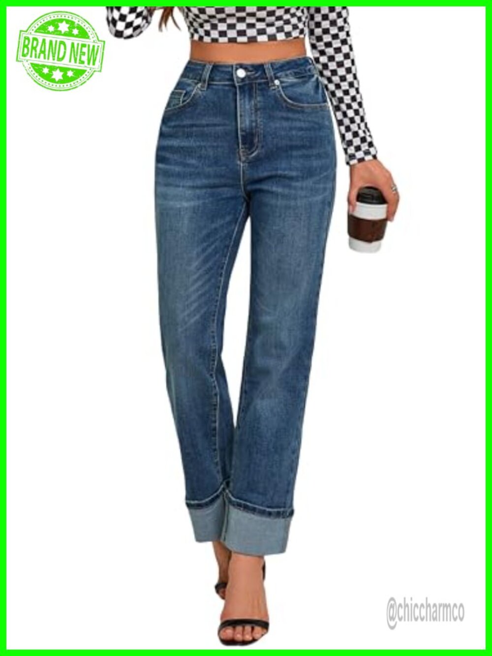 High Waisted Tummy Control Straight Leg Cuffed Ankle Jeans